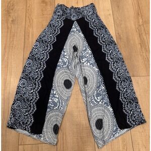 Boho Mandala Wide Leg Blue Palazzo Pants Smocked Waist Flowy Festival Resort 28"